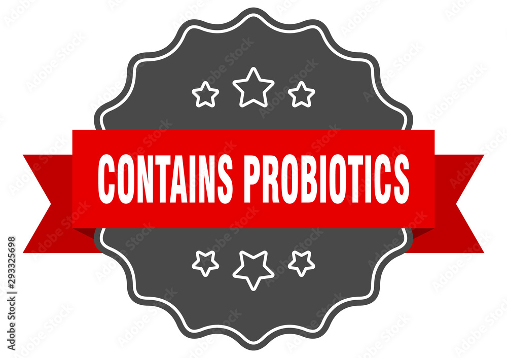 Obraz premium contains probiotics red label. contains probiotics isolated seal. contains probiotics