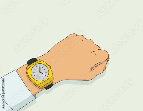 Hand witch watch. Checking Man looking at his golden watch on a left wrist. Hand drawn vector illustration.