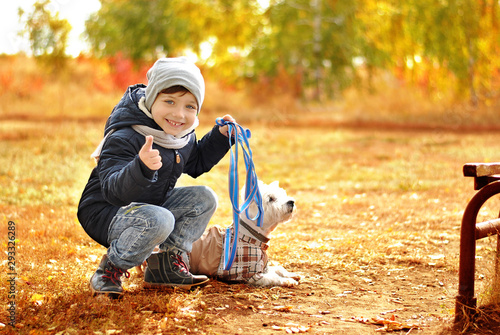 Little smiling happy kid enjoys walk with small dog pet Yorkshire terrier. Love animals childhood friends friendship and happiness concept. Beautiful sunny cold weather autumn season picture  photo