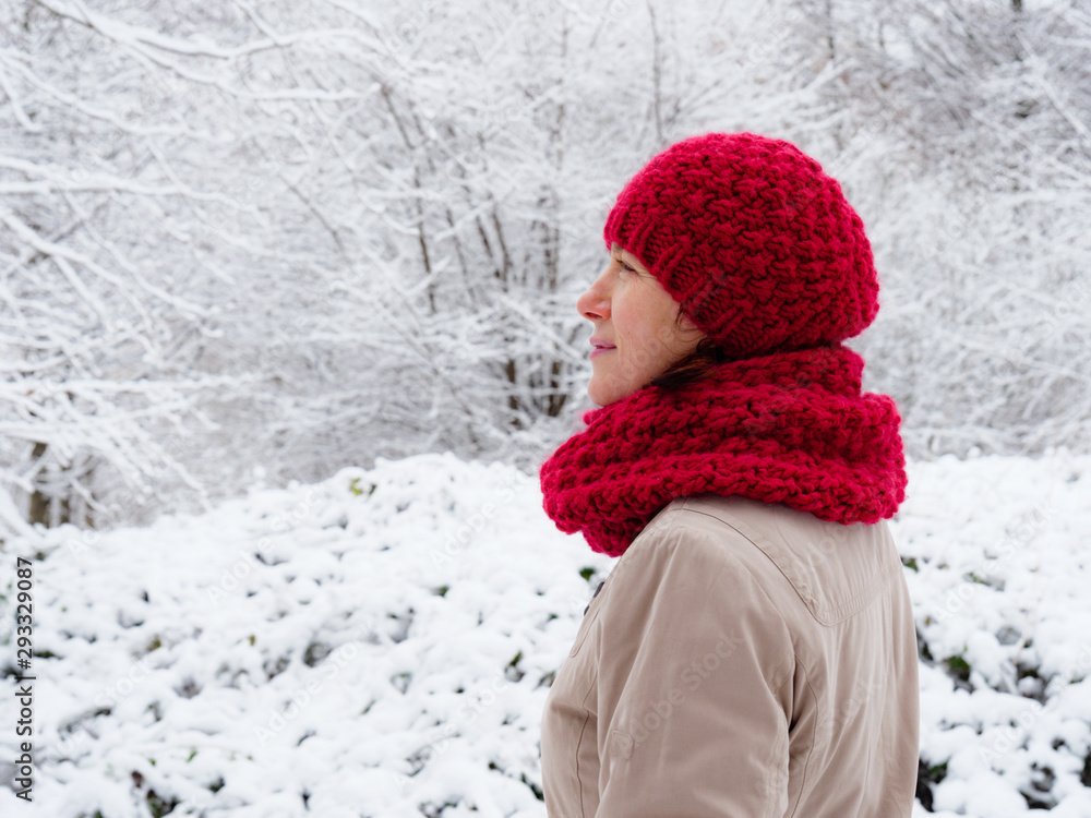 Woman walk in winter snow forest. Woman walk in winter snow forest.