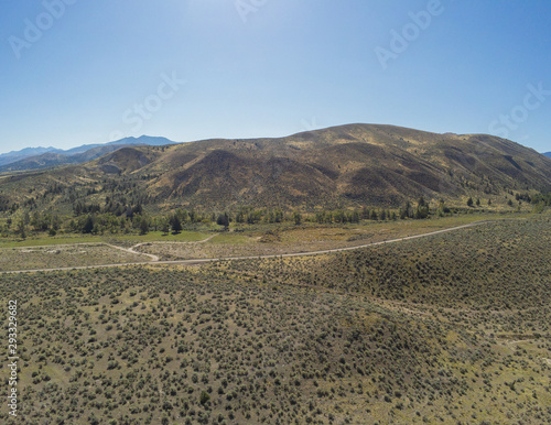 Sensational aerial  picturesque images of the John Day Fossil Beds Overlook and valley of Grant County in Dayville, Oregon photo