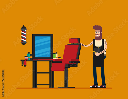 Young hipster man barber in barber shop. vector flat design illustration