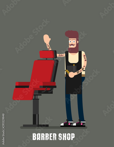 Young hipster man barber in barber shop. vector flat design illustration