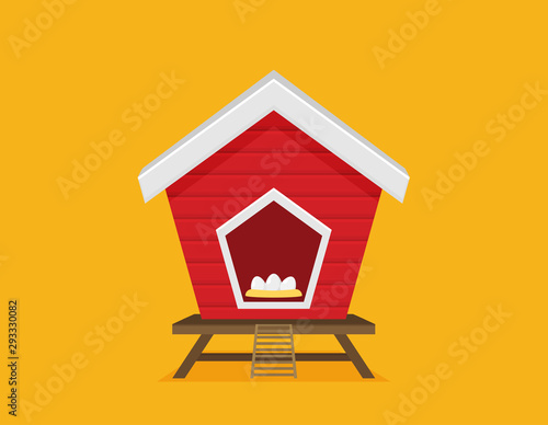 Cartoon vector icon of bright red chicken coop, fresh eggs in the nest.