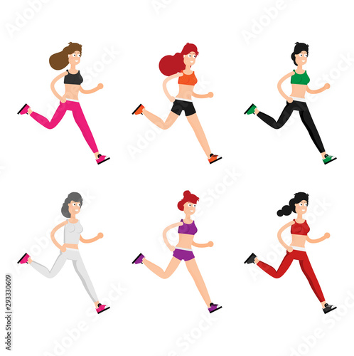 Running woman in motion.Training outdoor flat vector. © mix3r