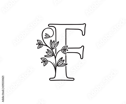 Nature letter F leaf icon logo design, floral logo F icon design. hand drawn floral with letter.