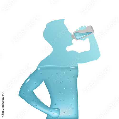 Vector silhouette of a man is filled with clear water on a white background. Aqua balance in human body. Healthy lifestyle