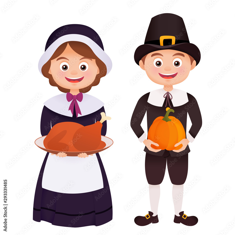 Thanksgiving character in pilgrims costume holding turkey and pumpkin isolated on white Thanksgiving character in pilgrims costume holding turkey and pumpkin isolated on white