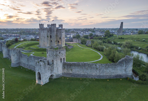 Trim castle aerial view at sunset. Trim, Ireland. May 2019