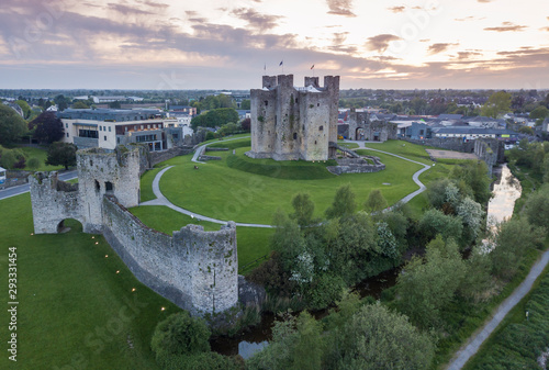 Trim castle aerial view at sunset. Trim, Ireland. May 2019