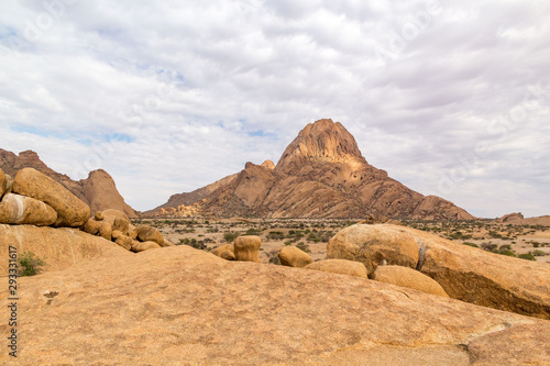 Rocky landscape of the Erongo mountains with the prominent Spitzkoppe, Namibia, Africa