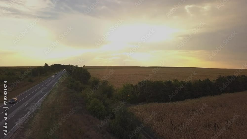 Aerial view of highway with forest and fields at sunset. Autumn landscape. Aerial view of highway with forest and fields at sunset. Autumn landscape.