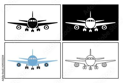 Passenger plane symbol presented as pictogram, black and white, line icons and flat icons. Set of airplane transportation icons.