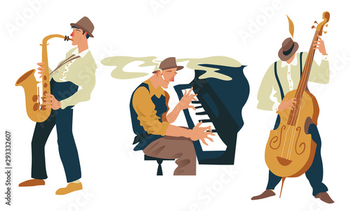 Jazz or blues band players set. Isolated objects on white background. Vector illustration. Exaggerated flat style.