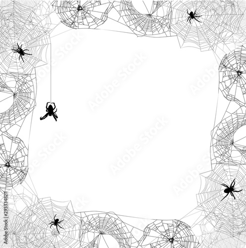 black frame with five spiders in webs group