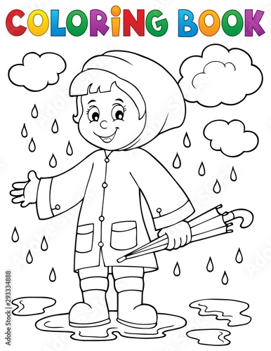 Coloring book girl in rainy weather 1