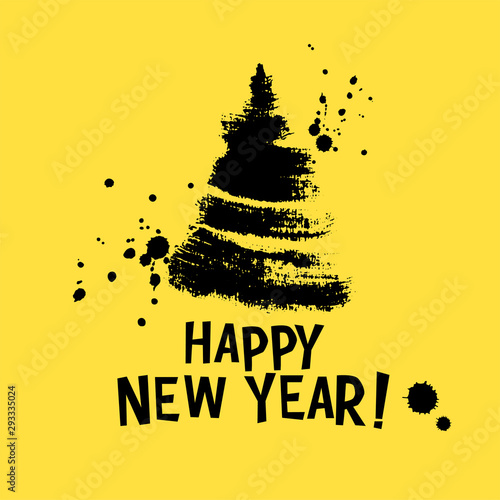 Happy New Year card print with hand drawn ink christmas tree