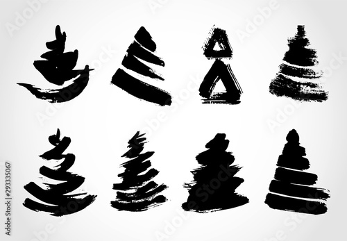 Hand drawn  grunge Christmas trees. Ink painting