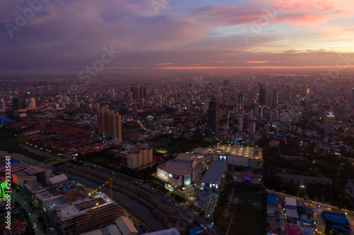 Phnompenh capital of Cambodia on the sunset with beautiful landscape by drone with Koh Pich island 