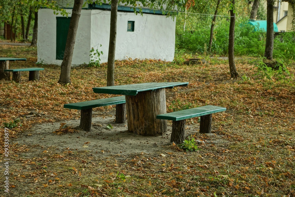gray green old wooden table and seats on the ground among the vegetation gray green old wooden table and seats on the ground among the vegetation