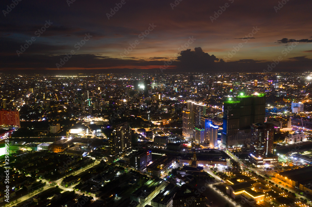 Phnompenh capital of Cambodia on the sunset with beautiful landscape by drone with Koh Pich island 