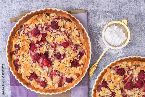 Rhubarb and Raspberry Tart with frangipane