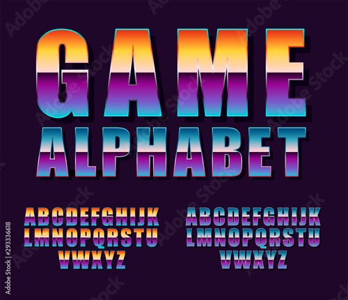 Font in vintage and retro style. Color gradient letters and stroke for a stylish 80s lettering. The main and auxiliary font. Vector alphabet.