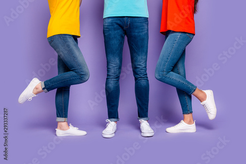 Cropped close-up photo of one macho man having two girlfriends lovers isolated violet background