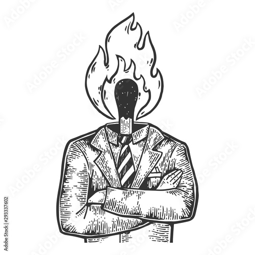 Burning match head businessman sketch engraving vector illustration. Tee shirt apparel print design. Scratch board style imitation. Black and white hand drawn image.