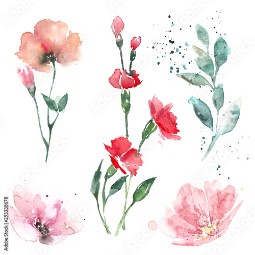 Light watercolor illustrations of flowers and leaves in pastel colors.