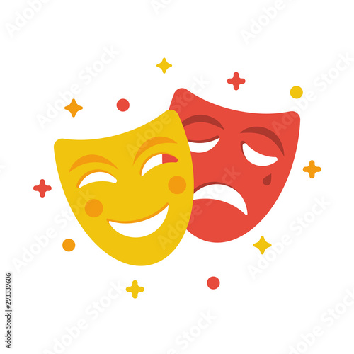 Comedy and tragedy masks. Yellow funny and red sad mask, cartoon style. Happy and unhappy traditional symbol of theater. Vector illustration flat design. Isolated on white background.