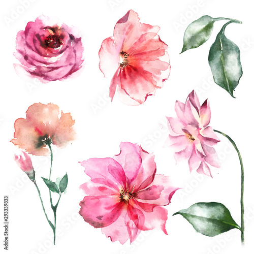 Set of bright watercolor flowers  abstract painting - beautiful design.