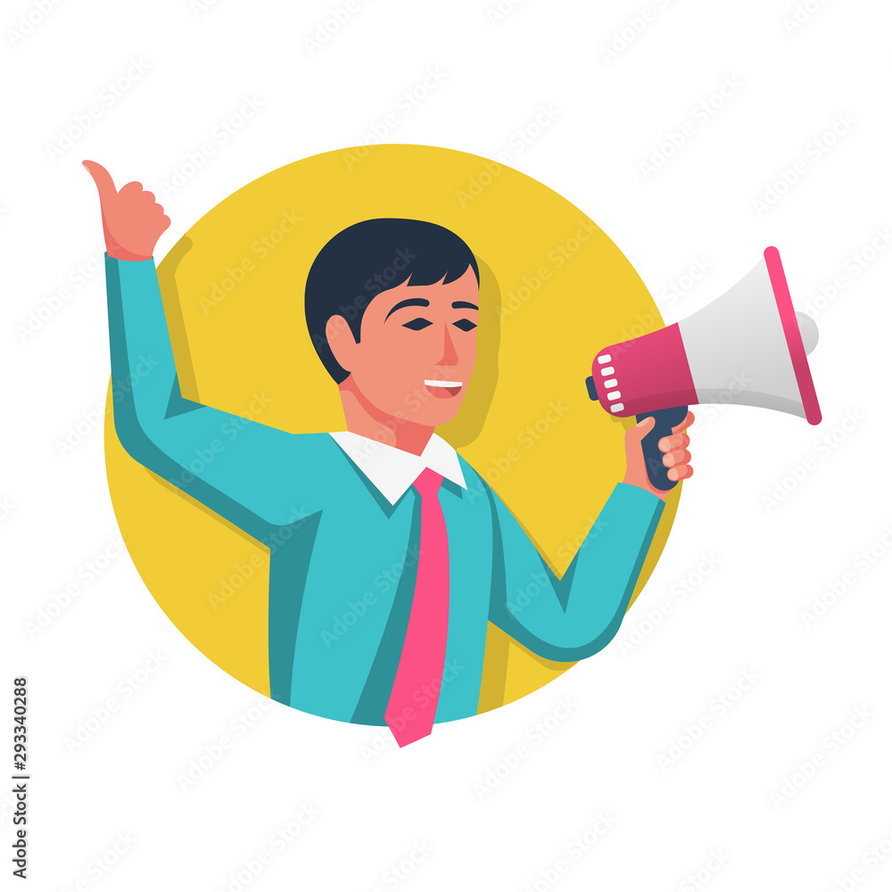 Marketer in hand holding megaphone. Speaker icon cartoon loudspeaker. Advertising and promotion symbol. Social media marketing concept. Vector illustration flat design. Isolated on white background. Marketer in hand holding megaphone. Speaker icon cartoon loudspeaker. Advertising and promotion symbol. Social media marketing concept. Vector illustration flat design. Isolated on white background.