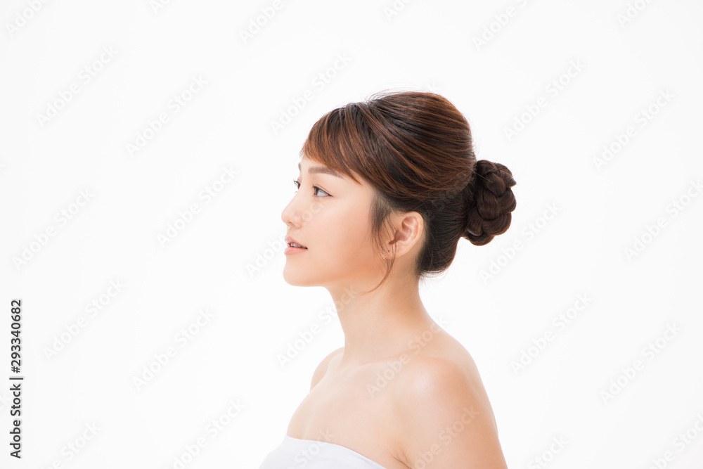 Closeup portrait of attractive asian woman with fair perfect healthy glow skin isolated on white, Closeup portrait of attractive asian woman with fair perfect healthy glow skin isolated on white,
