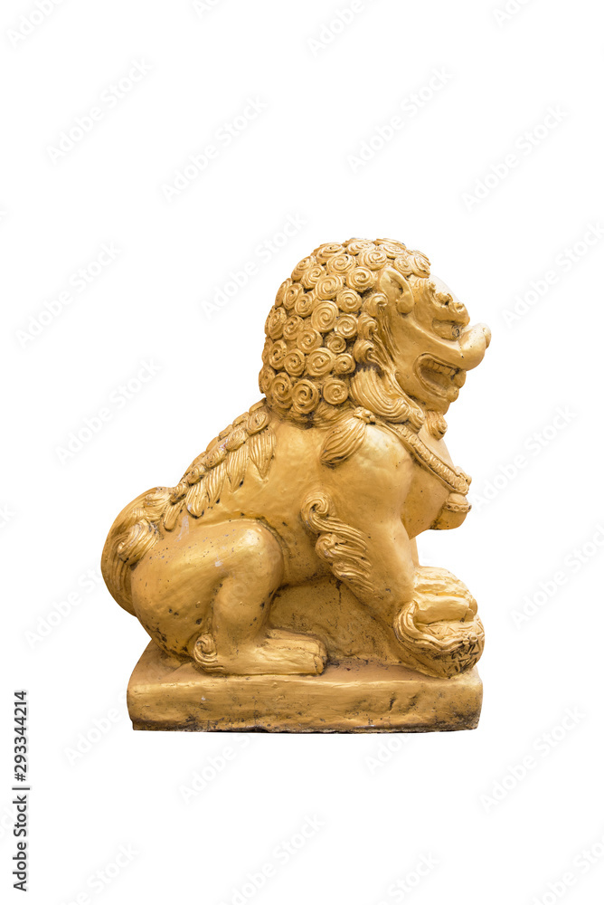Chinese golden lion statue - white background with clipping path