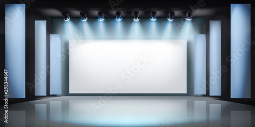 Exibition in art gallery. Projection screen on stage. Free space for advertising. Vector illustration.