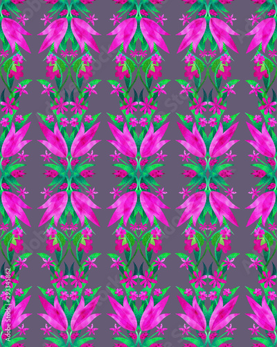 Floral seamless beautiful pattern with pink flowers and green leaves. Hand drawing. Watercolor.