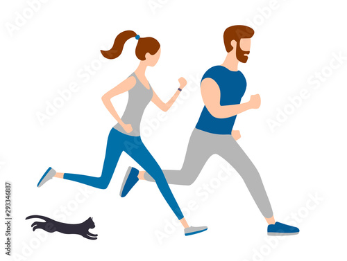 Good morning workout, running couple, jogging people. Summer outdoor sport activities. Have Fun, Fitness Healthy Lifestyle. Vector illustration. Trendy flat style. 