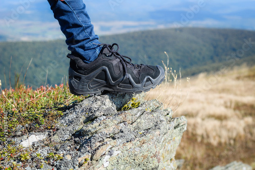 Trekking shoes. Boots for mountains. Hiking in the mountains. Carpathian mountains