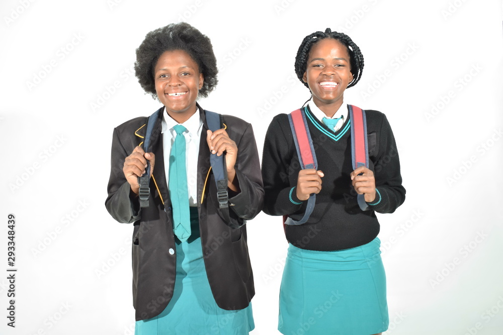 happy beautiful female pupil on uniform with backpack standing with big smile happy beautiful female pupil on uniform with backpack standing with big smile