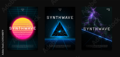 Synthwave flyer design. Retrowave sun on starry space background with laser grid. Triangle blue neon portal in space. Slope laser grid with glowing horizon in space with bright lightnings.