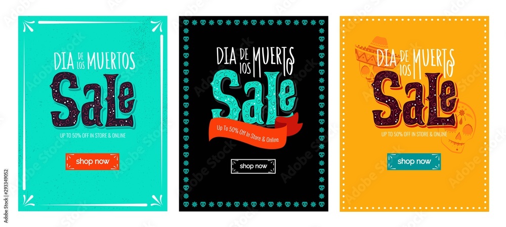 Dia de los muertos sale templates. Set of mobile website social media banners, posters, email and newsletter designs, ads, promotional material. Vector illustrations