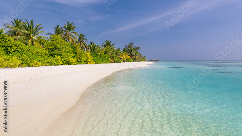 Perfect beautiful beach on Maldives - with white sand, turquoise water, green coconut palms and blue sky with white clouds