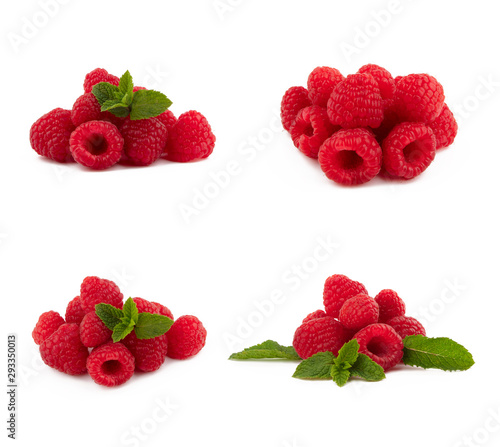 Set of raspberries group. Composition of red raspberries with green mint leaves. Isolated on a white background.