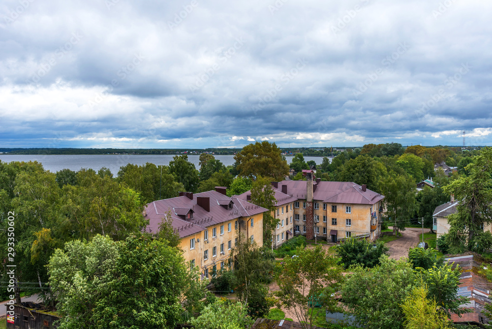 Panoramic view of historical city center and lake Seliger in Ostashkov, Tver region, Russia. Picturesque aerial view of Lake Seliger in Ostashkov.