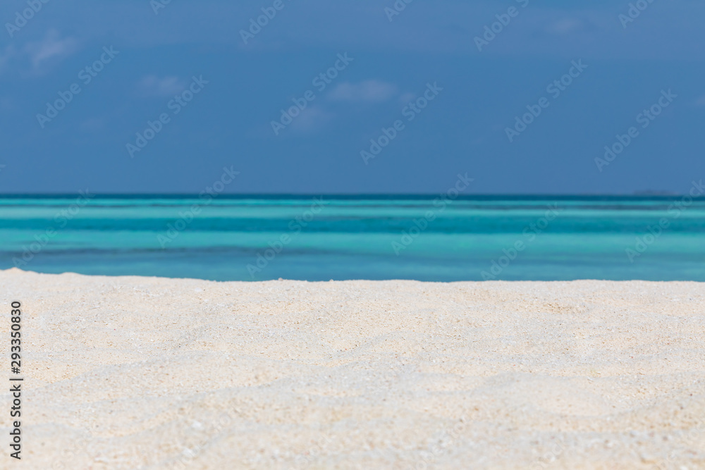Fototapeta premium Empty beach landscape. Sea sand sky concept. Calmness and loneliness concept of beach view and horizon under blue sky