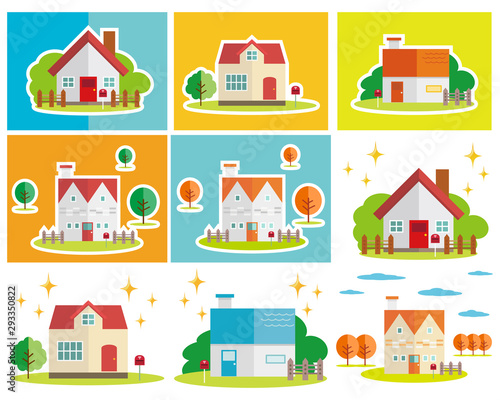 住宅　家　イラスト　一軒家　マイホーム　木　セット