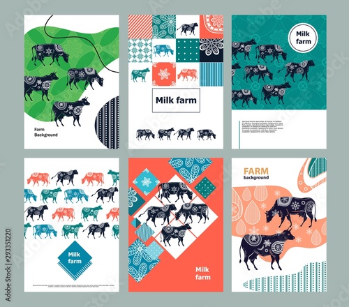 Agricultural brochure layout design. An example of a backdrop for cattle farm. Silhouettes of cows with floral ornament.