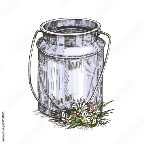 Vector image of milk can and wildflowers. Sketch style drawing.
