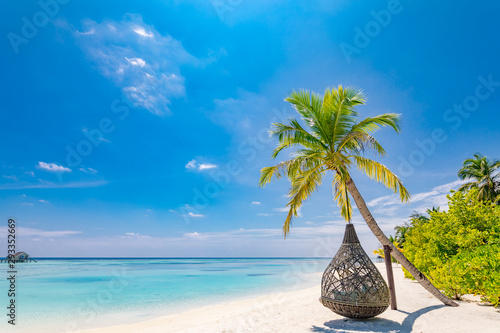 Beautiful tropical Maldives beach under cloudy sky with swings or hammock on coconut palm. Luxury vacation concept